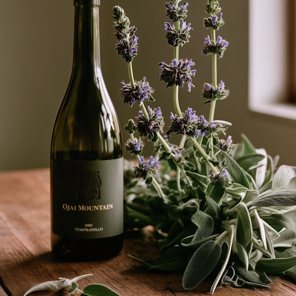 Ojai Mountain bottle beside fresh flowering sage sprigs on a rustic wooden table