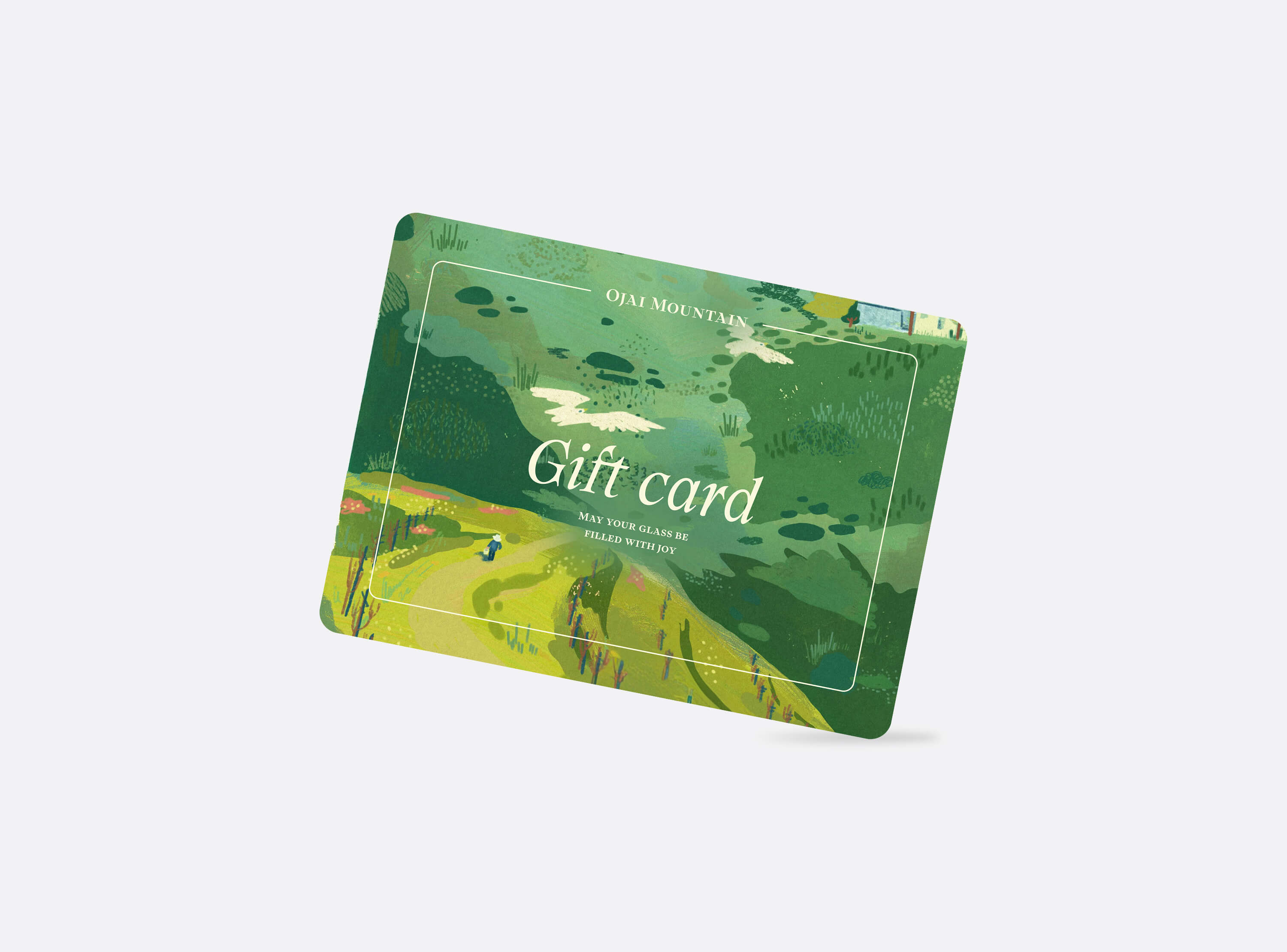 Ojai Mountain $350 wine gift card with a hand-illustrated green mountain vineyard landscape and "Gift card" in white script
