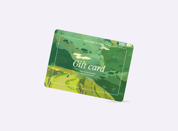 Ojai Mountain $350 wine gift card with a hand-illustrated green mountain vineyard landscape and "Gift card" in white script