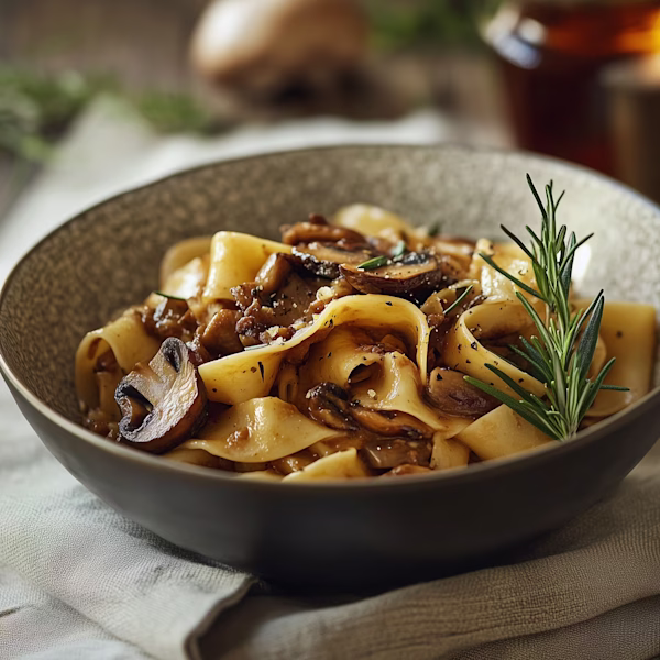 Portobello Mushroom Pappardelle with Rosemary Pappardelle pasta with portobello mushroom sauce and fresh rosemary in a ceramic bowl, paired with Ojai Mountain 2020 Estate Red.