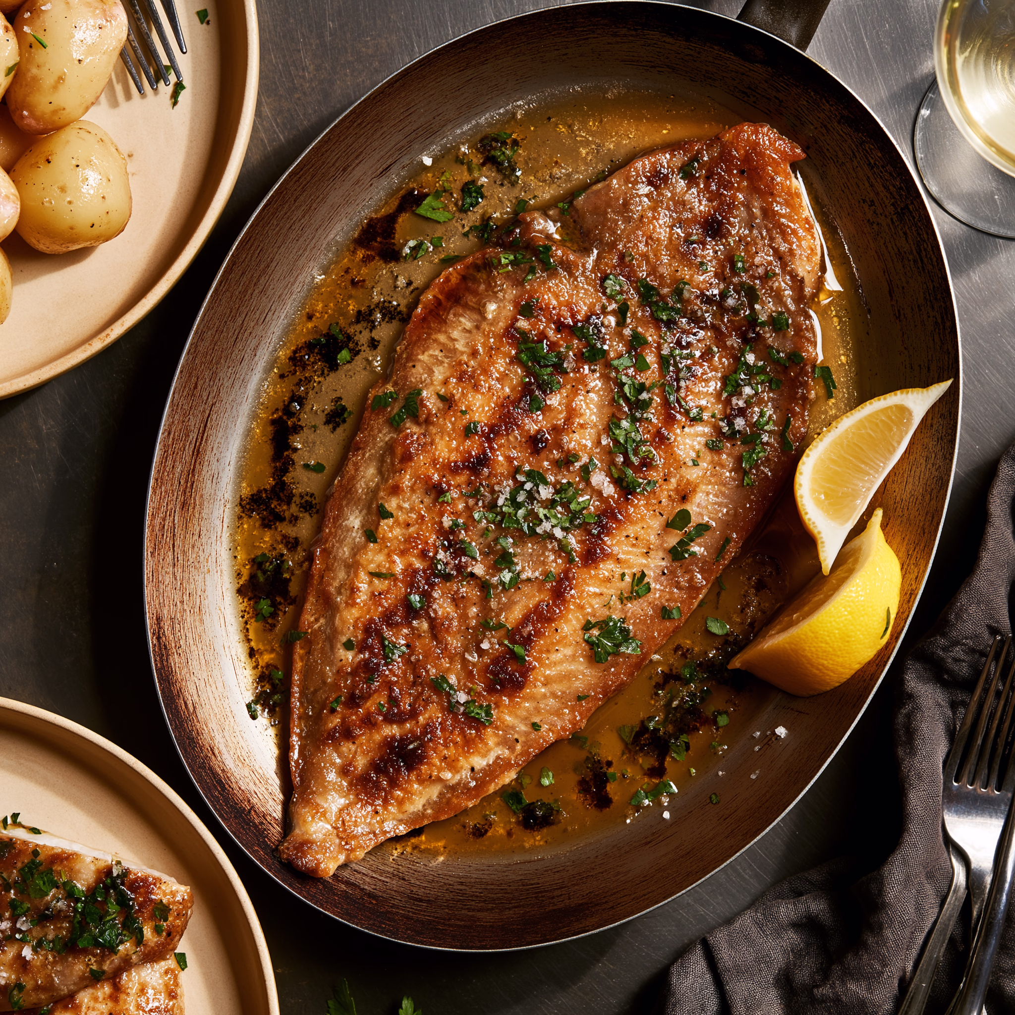 Dover Sole Meunière in the Pan Pan-fried Dover sole in browned butter with parsley and lemon beside new potatoes