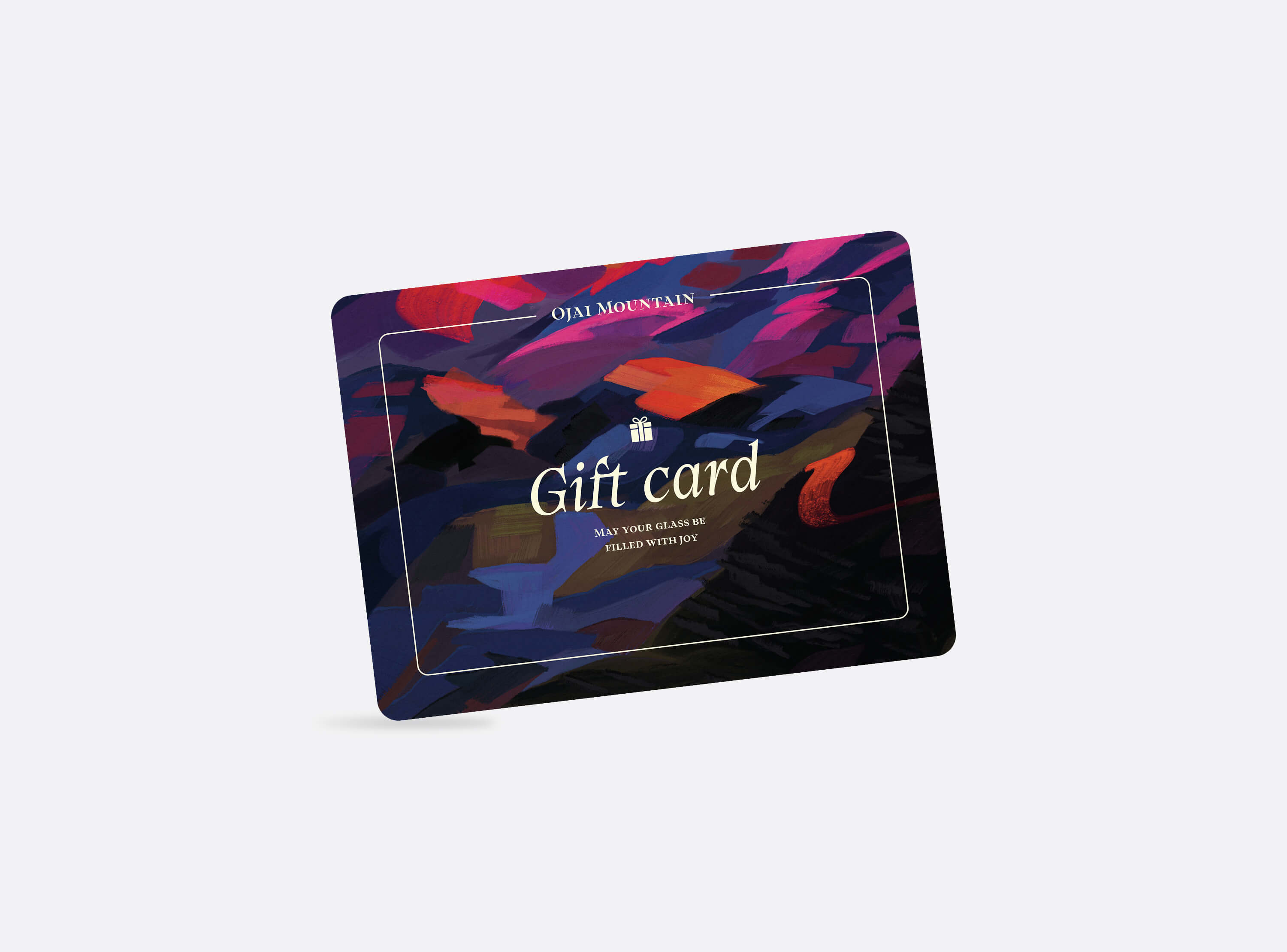 Ojai Mountain $275 wine gift card with an abstract sunset mountain landscape in navy, magenta and orange, and "Gift card" in cream script