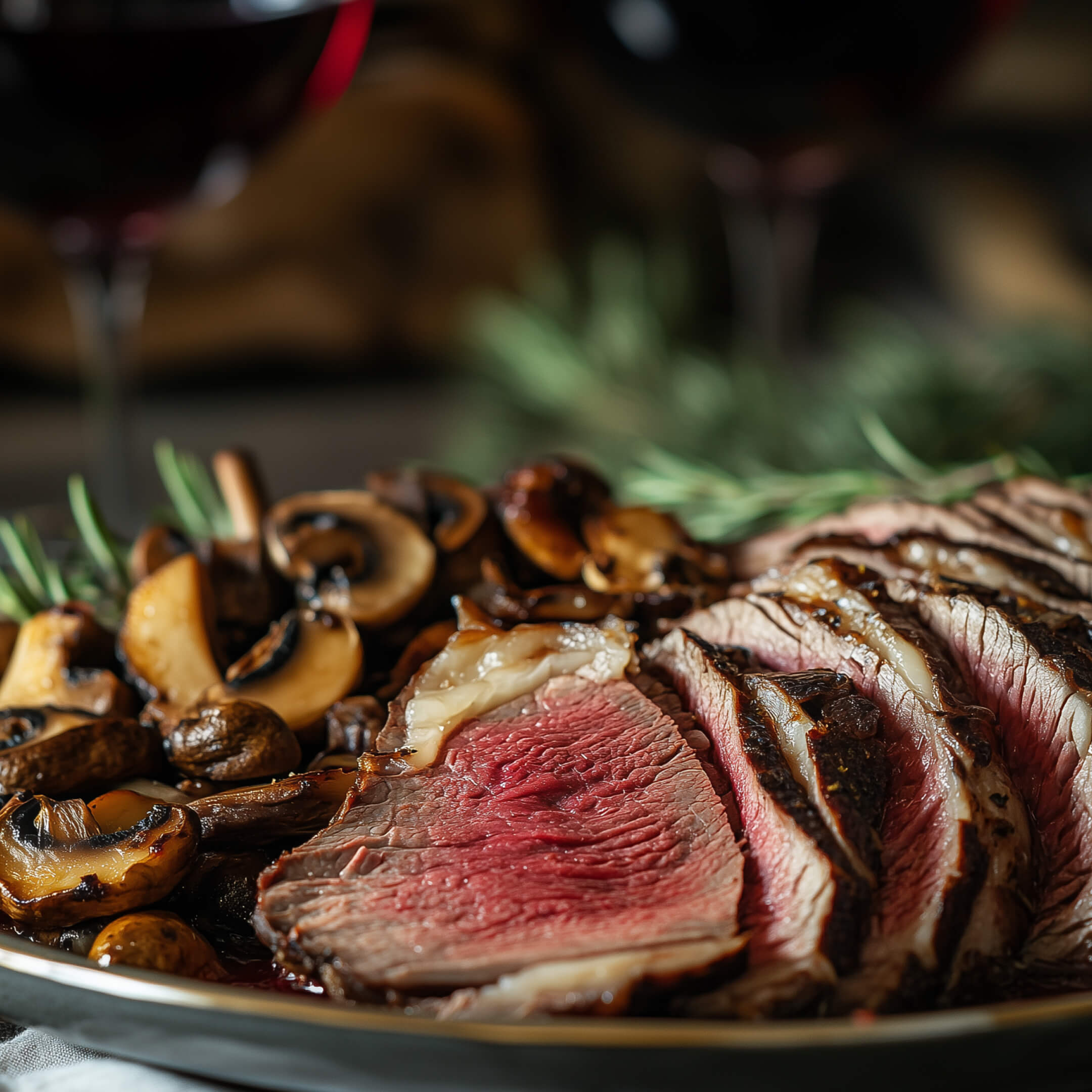 Sliced prime rib roast cooked to medium-rare with roasted mushrooms and fresh rosemary, paired with Ojai Mountain 2022 Syrah