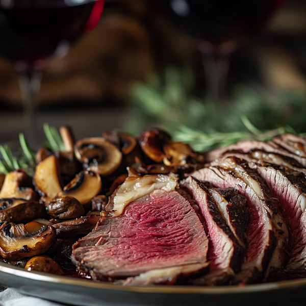 Sliced Prime Rib with Roasted Mushrooms Sliced prime rib roast cooked to medium-rare with roasted mushrooms and fresh rosemary, paired with Ojai Mountain 2022 Syrah