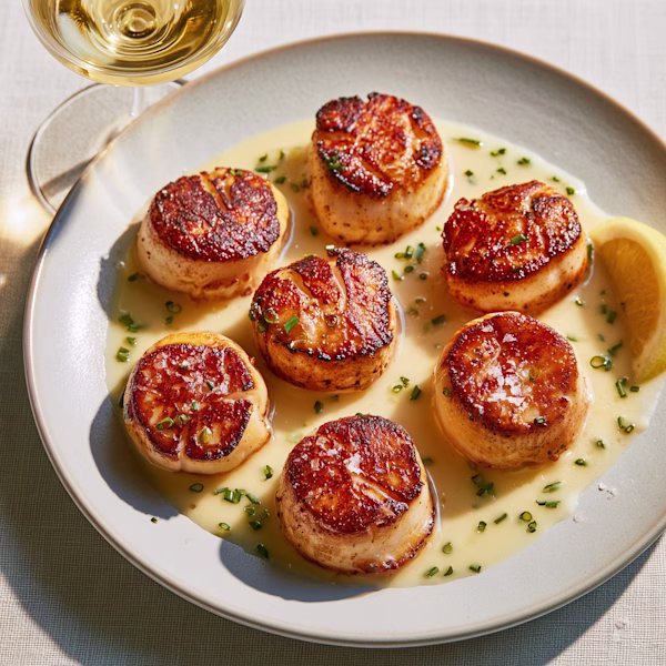Seared Scallops with Beurre Blanc Golden-seared scallops in silky beurre blanc with chives on grey plate