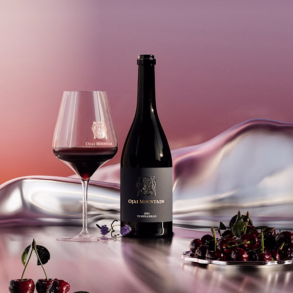 2024 Tempranillo with Cherries Ojai Mountain 2024 Tempranillo with a poured glass, cherries and chrome silk