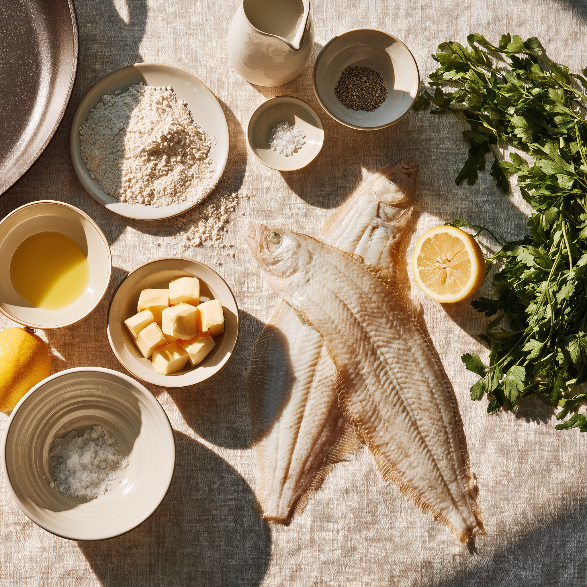 Two whole Dover sole with flour, butter, lemon and parsley arranged on pale linen