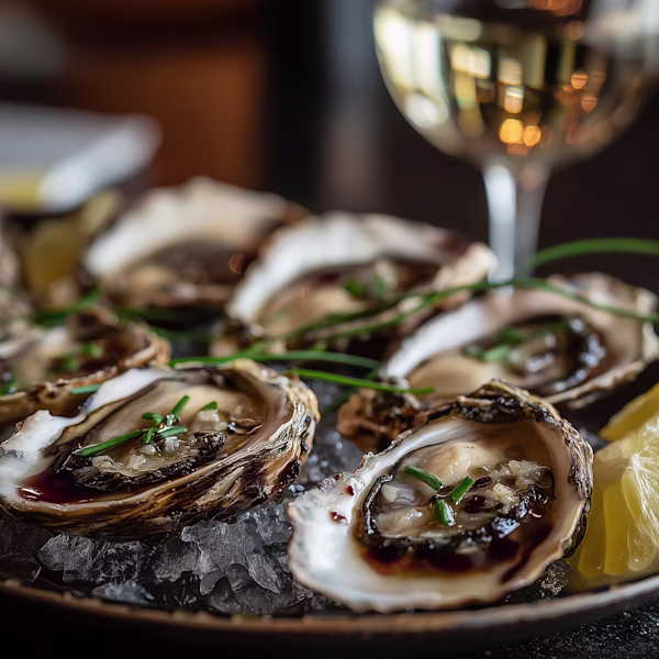 Oysters on the Half Shell with Yuzu Shallot Mignonette Fresh oysters on the half shell with yuzu shallot mignonette, garnished with chives and served on crushed ice with lemon wedges, paired with Ojai Mountain 2020 Estate White