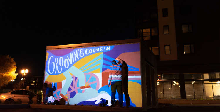 The 'Groovin the Couve' mural in front of Vancouver, Washington's Aria building. 