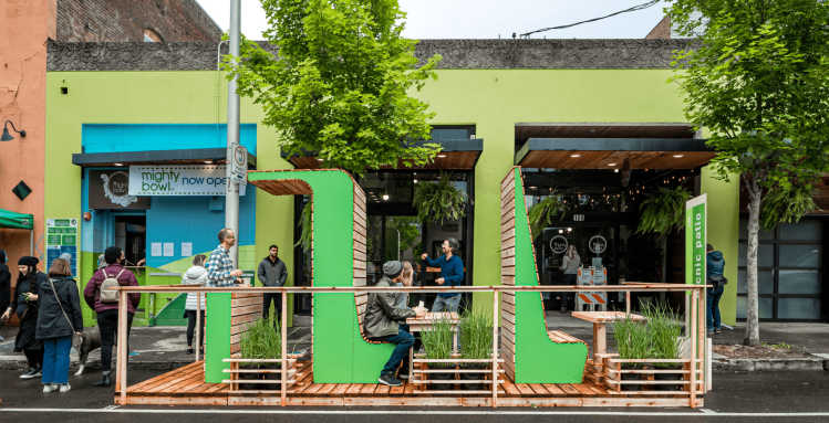 Vancouver’s first parklets located in front of Mighty Bowl. 