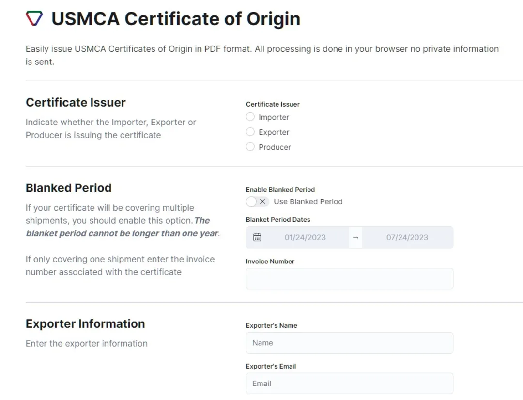 A Screenshot of the USMCA App Generator