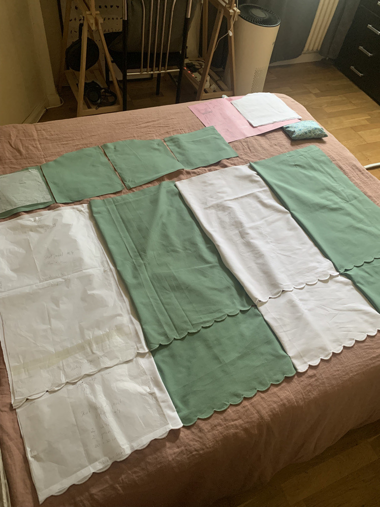 Flat lay of the pattern pieces for my dress Flat lay of the pattern pieces for my dress