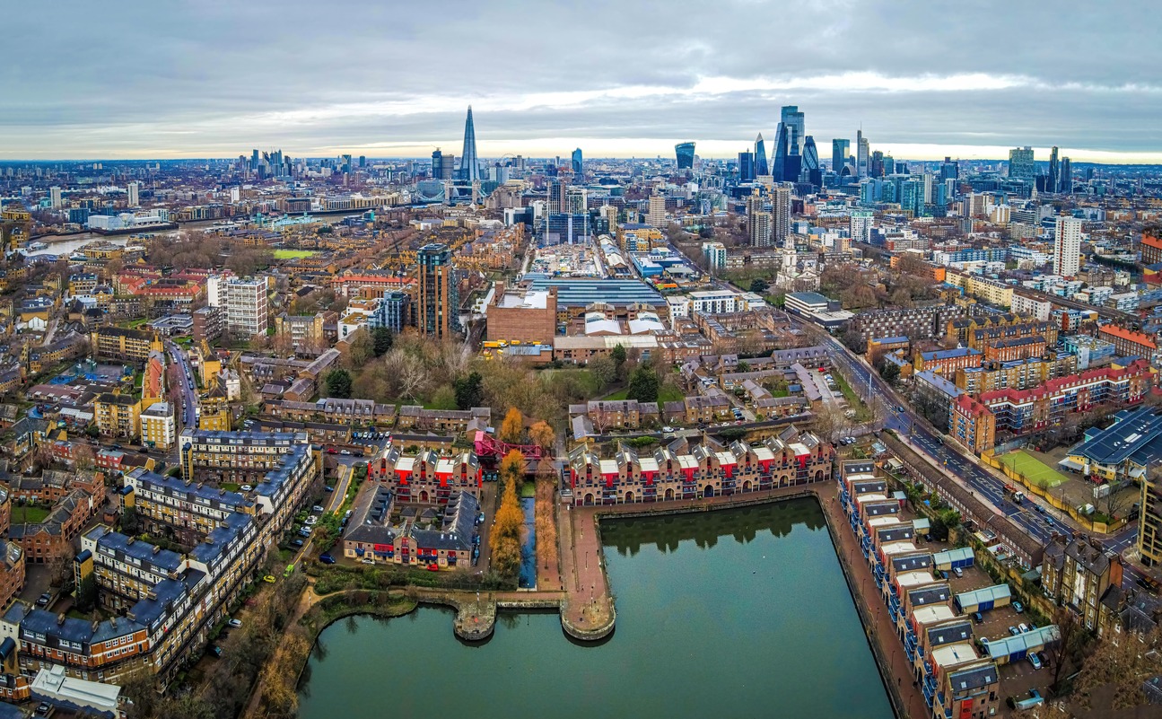 Aerial view of a green cityscape.