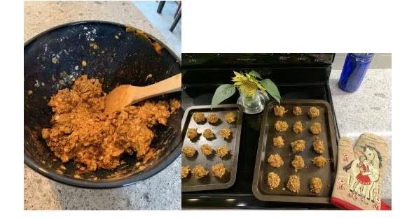 No-Sugar Pumpkin Treats in mixing bowl and on cookies sheet