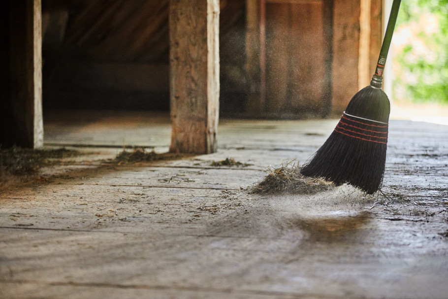 sweeping the barn with a broom