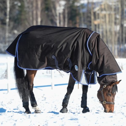 Horse grazing in a snowy paddock wearing the WeatherBeeta ComFiTec Ultra Cozi Detach-A-Neck Turnout Blanket II.