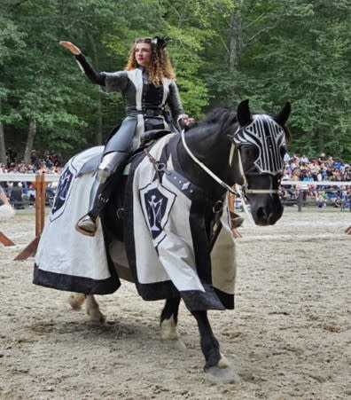 Countess at joust on dark horse with black and white costume and horse colors