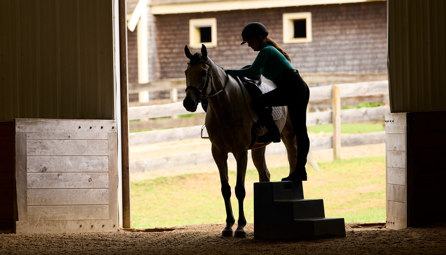 A person using a mounting block to get on a horse