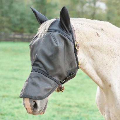 SmartPak UV90+ Fly Mask with ear covers on a grey horse