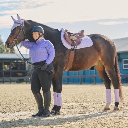 iris purple color scheme on dark bay horse