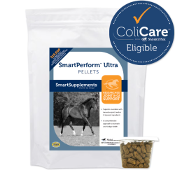 A white bucket with a stormy blue label and dark blue lid, a healthy, trotting on the label image for "SmartPerform Ultra Pellets". Next to the bucket, a small pudding-cup like container of pellets