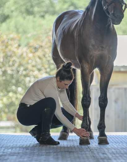 A woman feeling the front lower leg and hoof of a horse