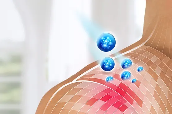 Shoulder with blue bubbers lifting up from red area of pain