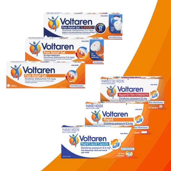 various Voltaren pain relief product pack shots