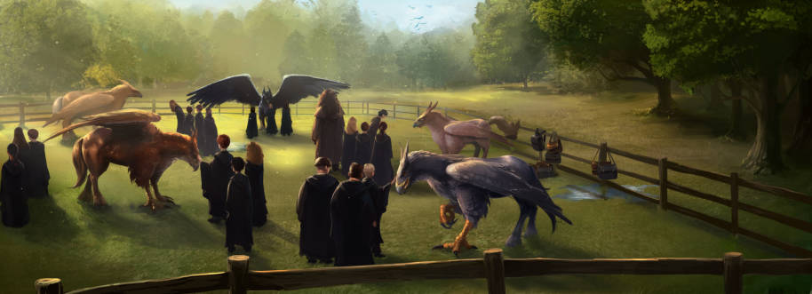 The Gryffindor and Slytherin students learn about Hippogriffs.