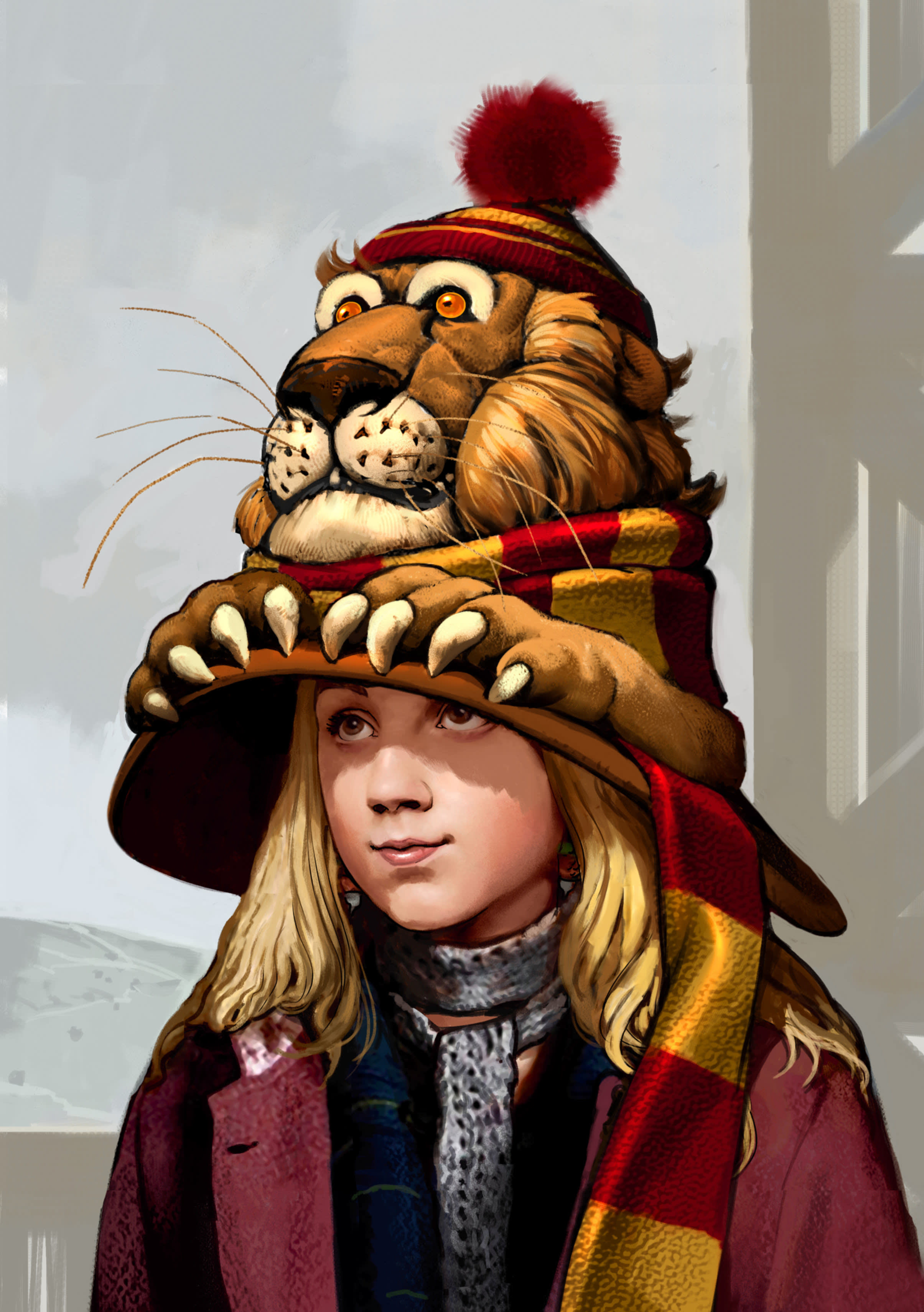 Luna wearing her Gryffindor roaring lion hat