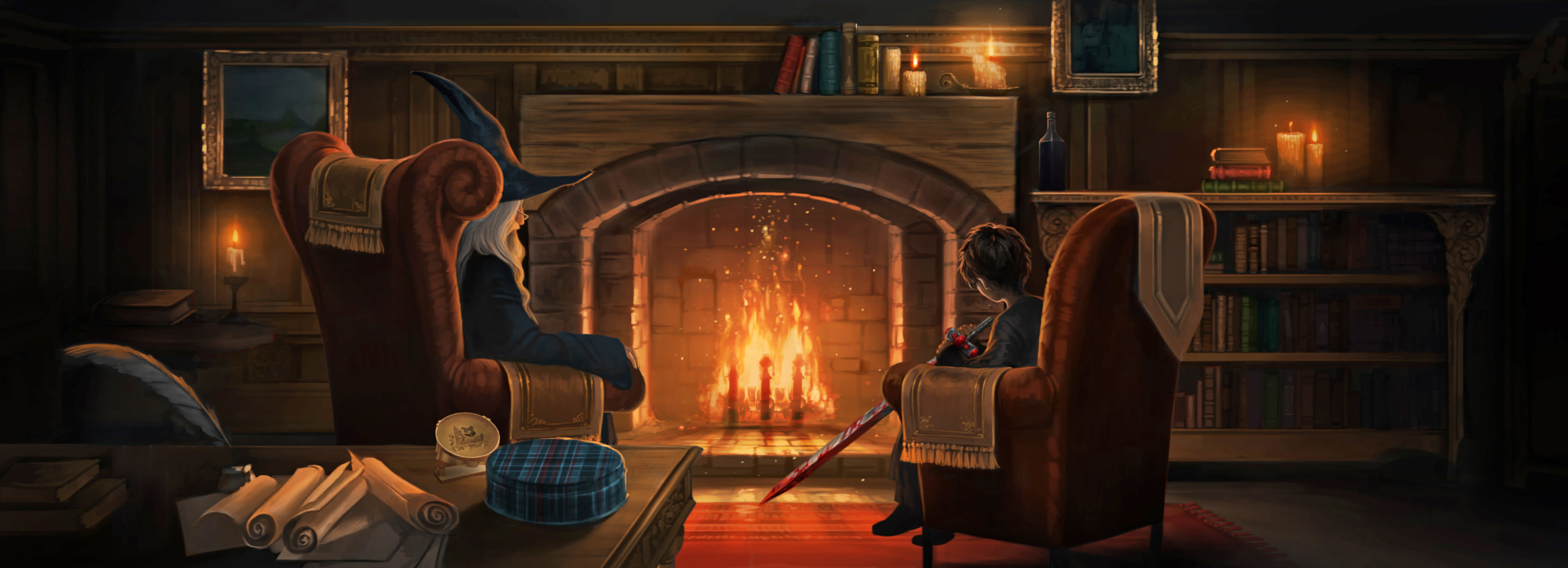 HarryPotter PM B2C18M1 HarryReadingEngravingOnGryffindorsSwordWithDumbeldoreInHisOffice Moment