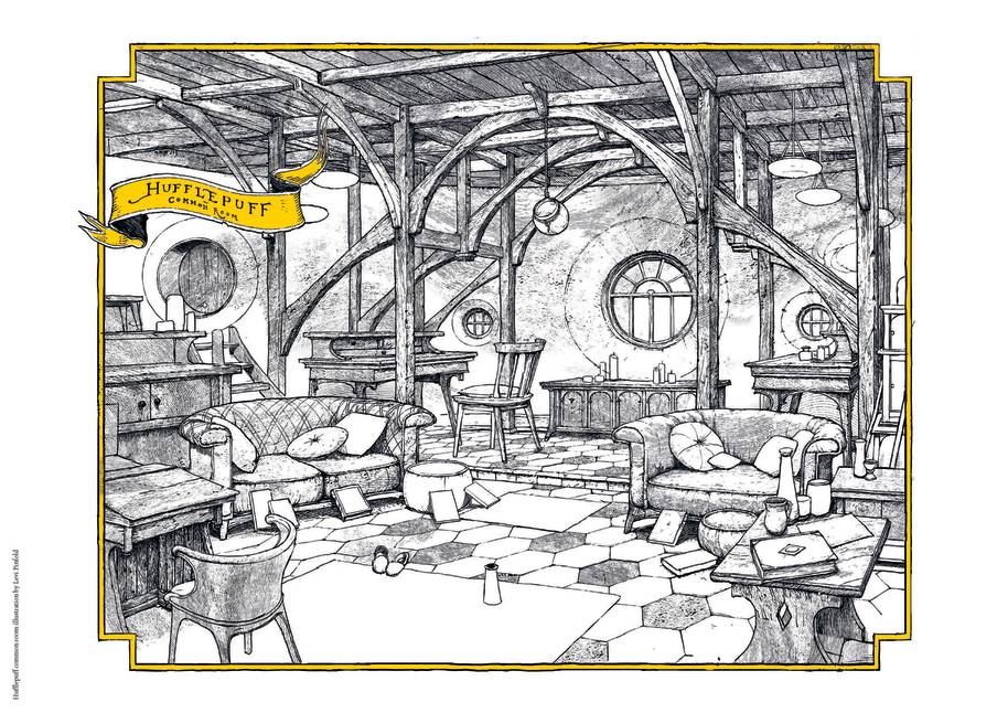 Bloomsbury Hufflepuff common room illustrated by Levi Pinfold
