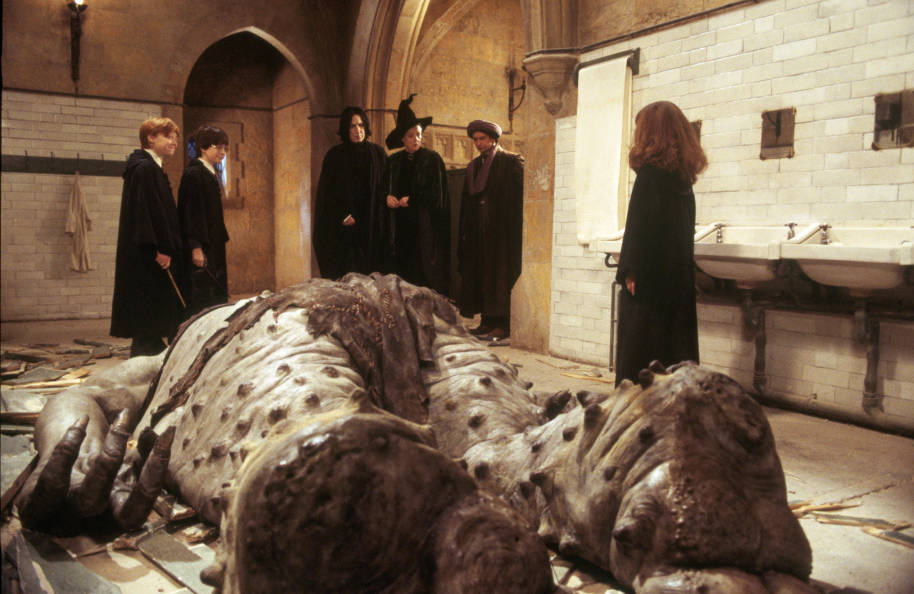 A troll lies unconscious on the floor of the girls' bathroom. Harry, Ron, Hermione, Quirrell, Snape and McGonagall stand around it.