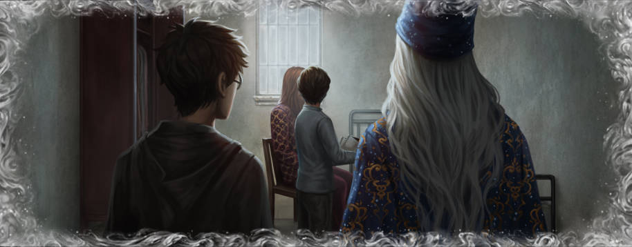 Dumbledore and Harry watch Tom Riddle as a child in a memory.
