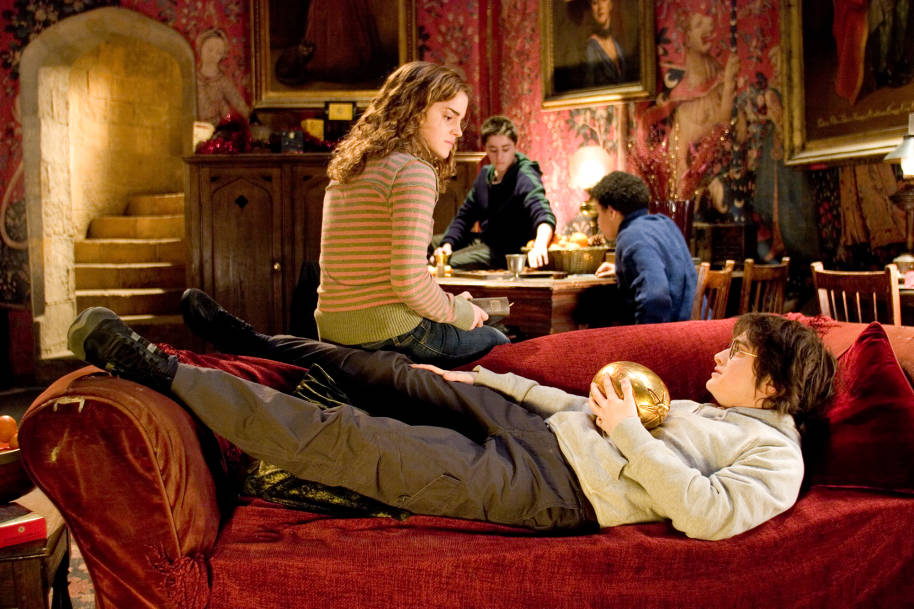 Harry is lying down on the sofa in the Gryffindor common room holding the golden egg. He is looking at Hermione who is perched on the back of the sofa.