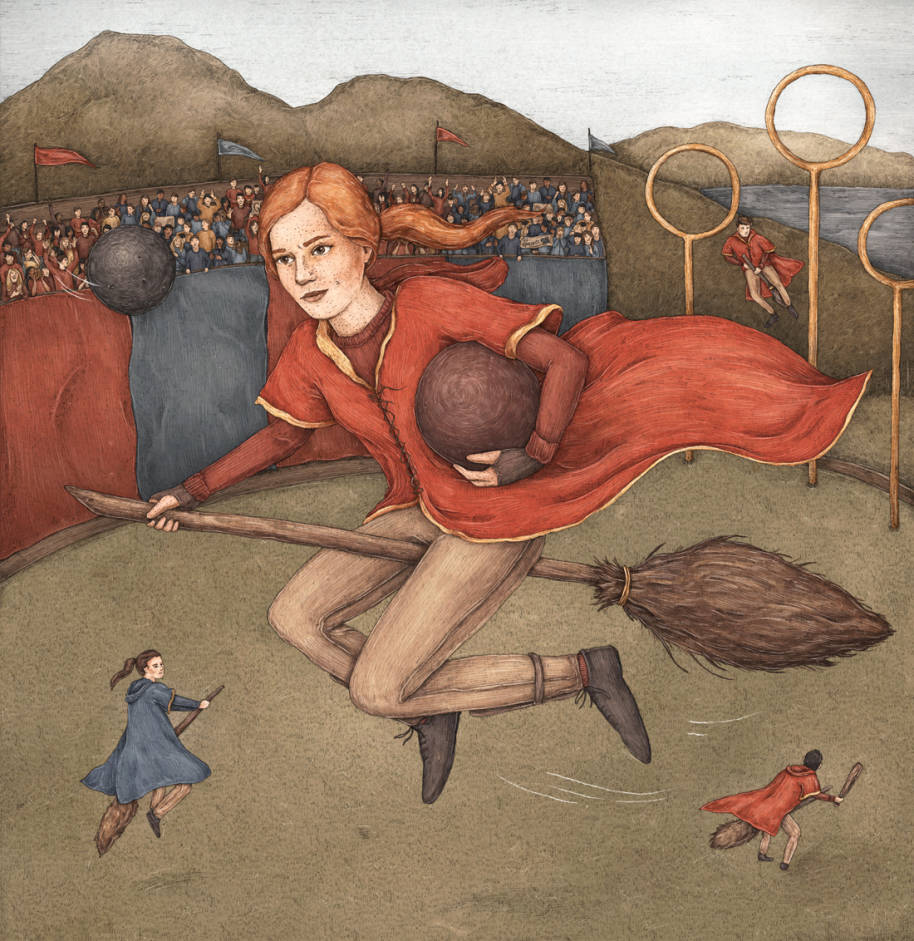 Illustration of Ginny Weasley playing Quidditch, by Jessica Roux