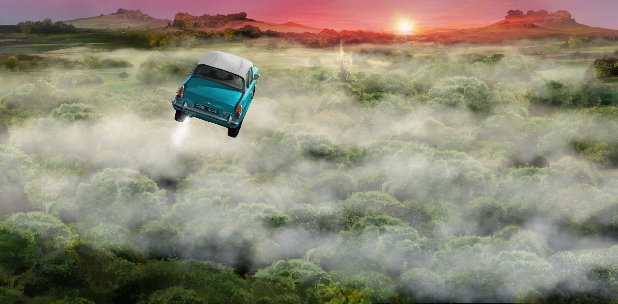 The Ford Anglia flying over the clouds 