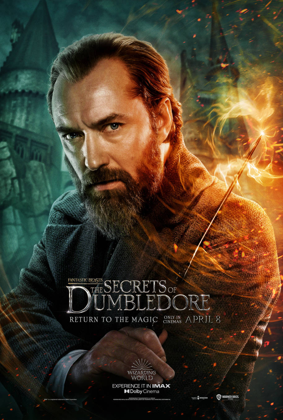 Affiche de Jude Law dans le rôle d'Albus Dumbledore dans Les Animaux Fantastiques : les Secrets de Dumbledore.