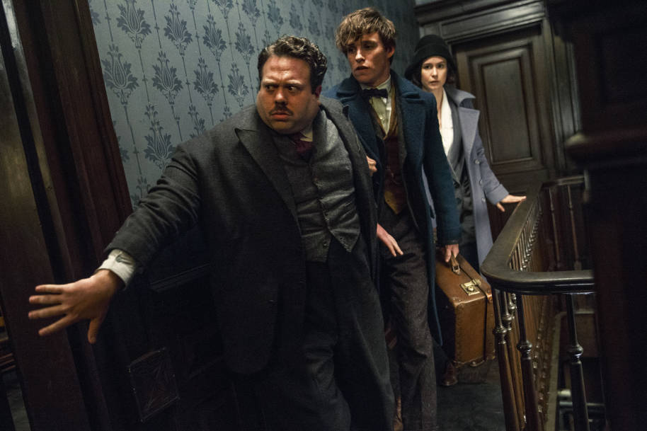 Jacob, Newt and Tina with the magical case. 