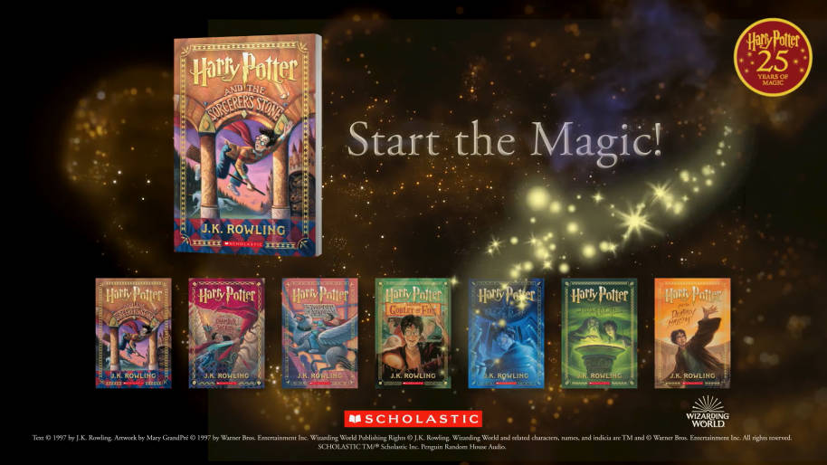 An images showing all seven of the Scholastic Harry Potter book covers.