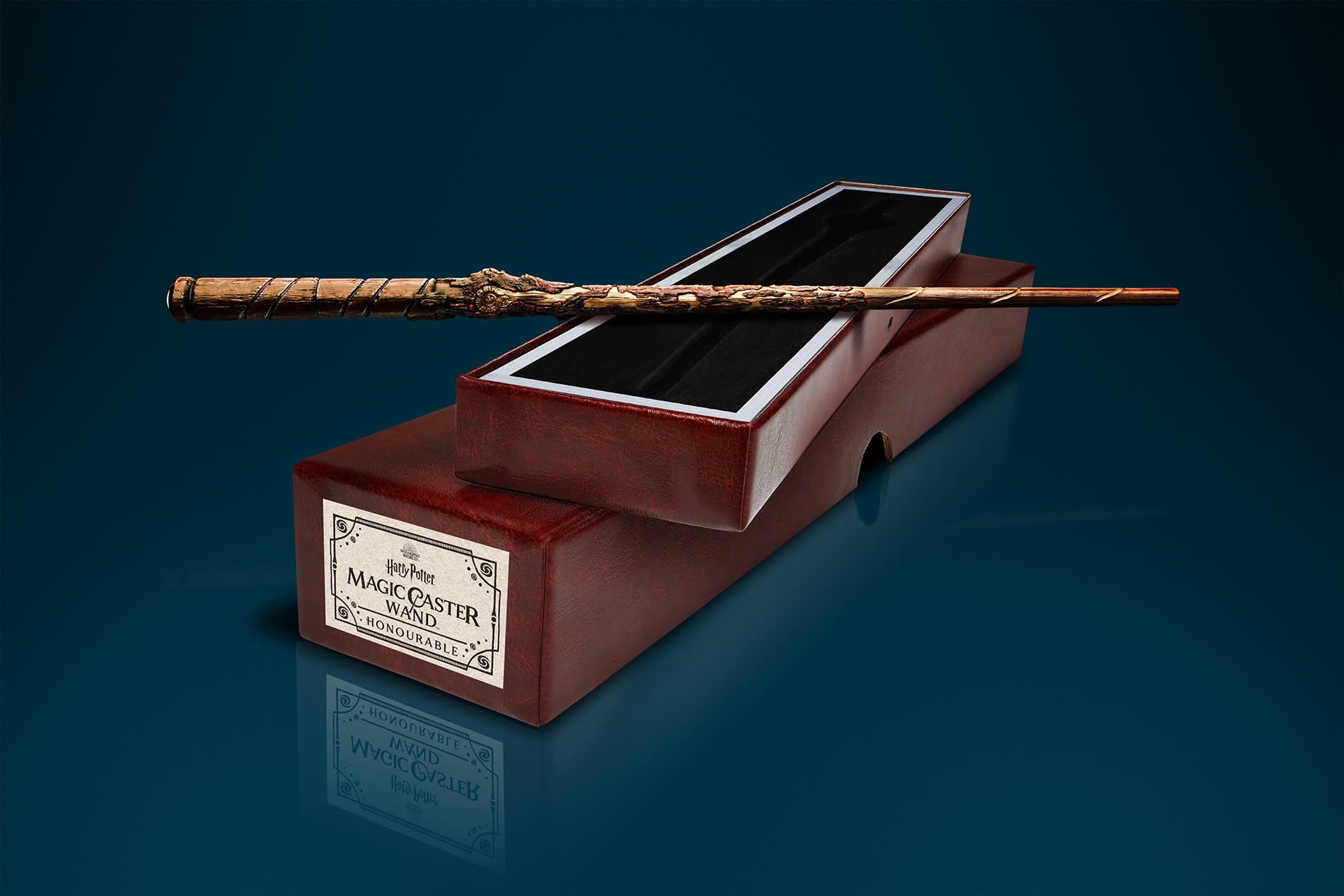 A wand presented outside of its box. This is the honourable design for the Magic Caster wand.