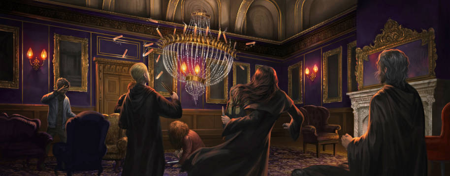 Dobby drops the chandelier on the assembled Death Eaters at Malfoy Manor.