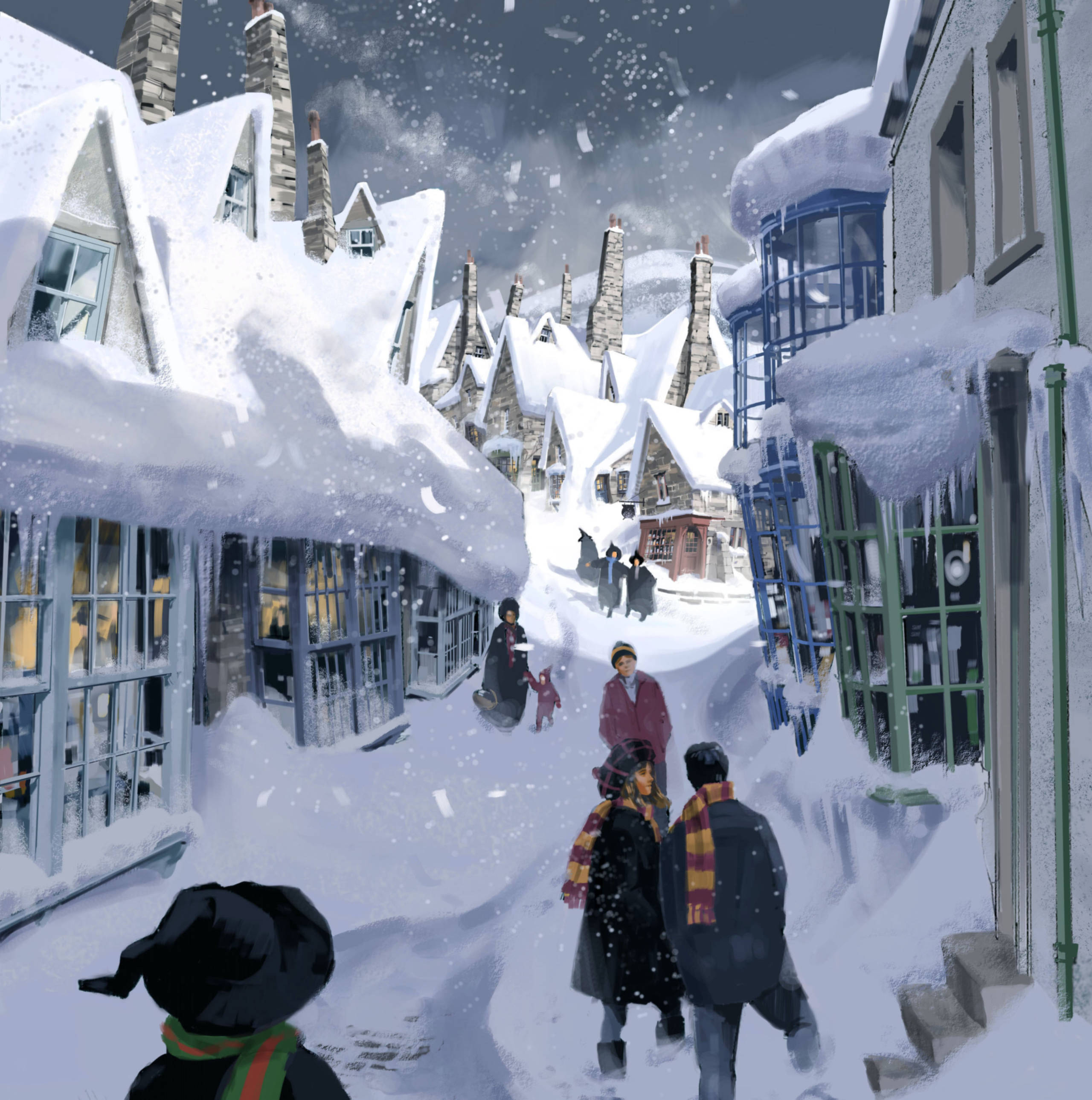 An illustration of a snowy Hogsmeade and the exterior of the Three Broomsticks.