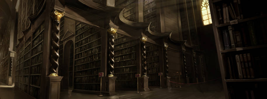 Harry Rona et Hermione recherchent le nom de Nicholas Flamel dans la bibliothèque  