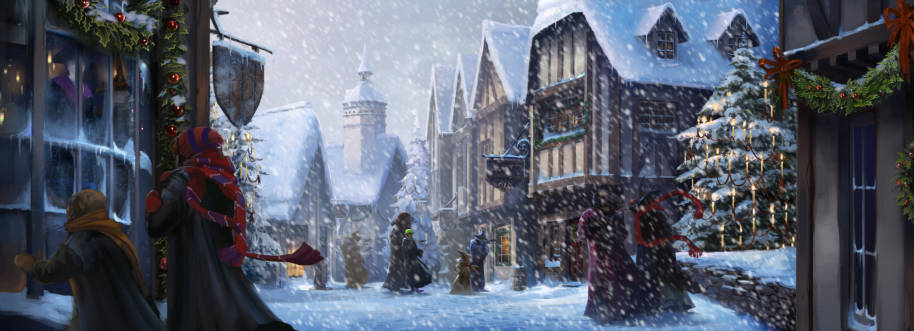 A snowy Hogsmeade with Hermione Ron and an invisible Harry.