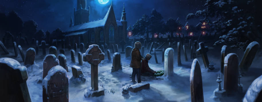 Harry and Hermione lay flowers on the Potters' Grave.