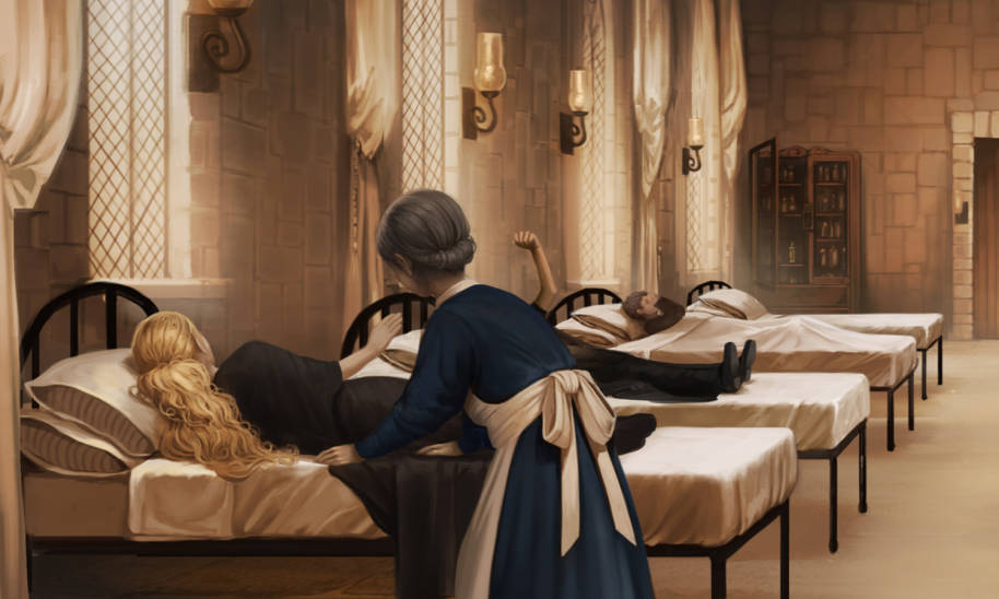 Madam Pomfrey tends to petrified students in the hospital wing