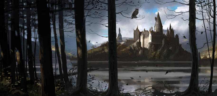 An illustration of Hogwarts through the trees 