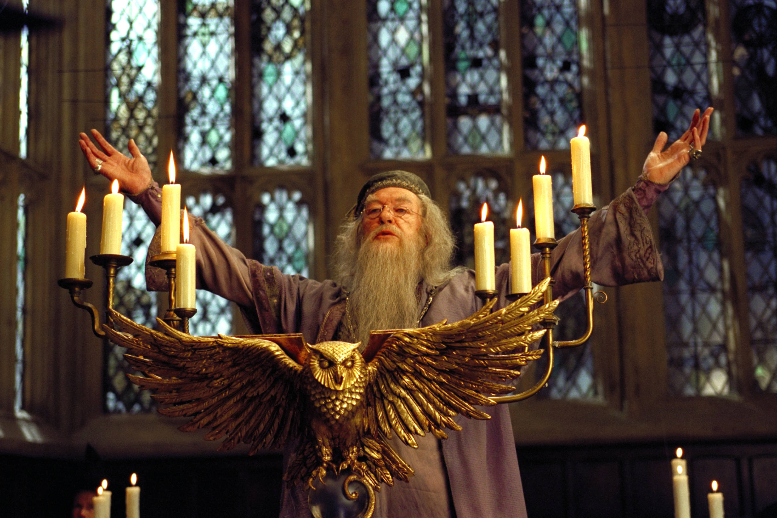 Dumbledore addressing students in the Great Hall from th