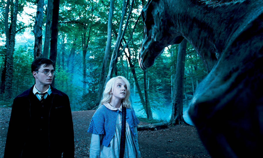 Harry and Luna in the Forbidden Forest. They are both looking up at a Thestral.